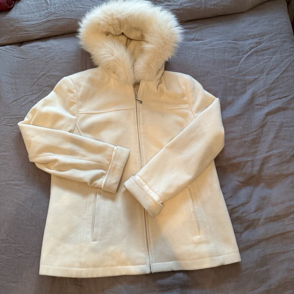 Mackintosh Women's Wool Coat Fox Fur Trim Hooded Vintage Cream‎ White Size XL